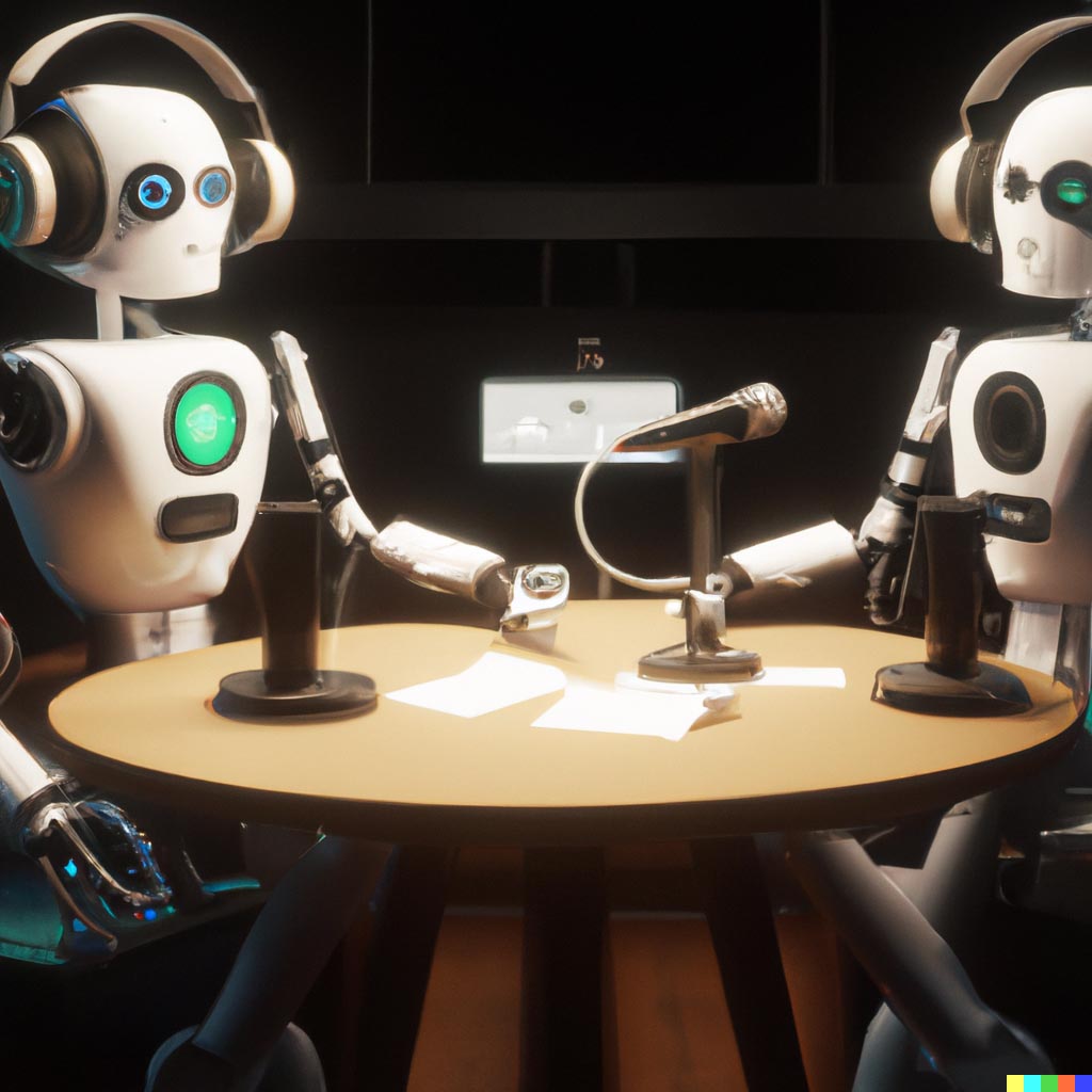 DALL·E prompt: two robots sitting across from each other recording a podcast, cgsociety artstation